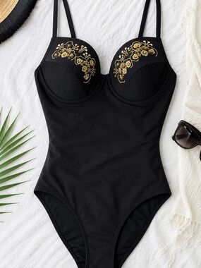 Shape FX Black One-Piece Swimsuit with Gold Floral Embroidery